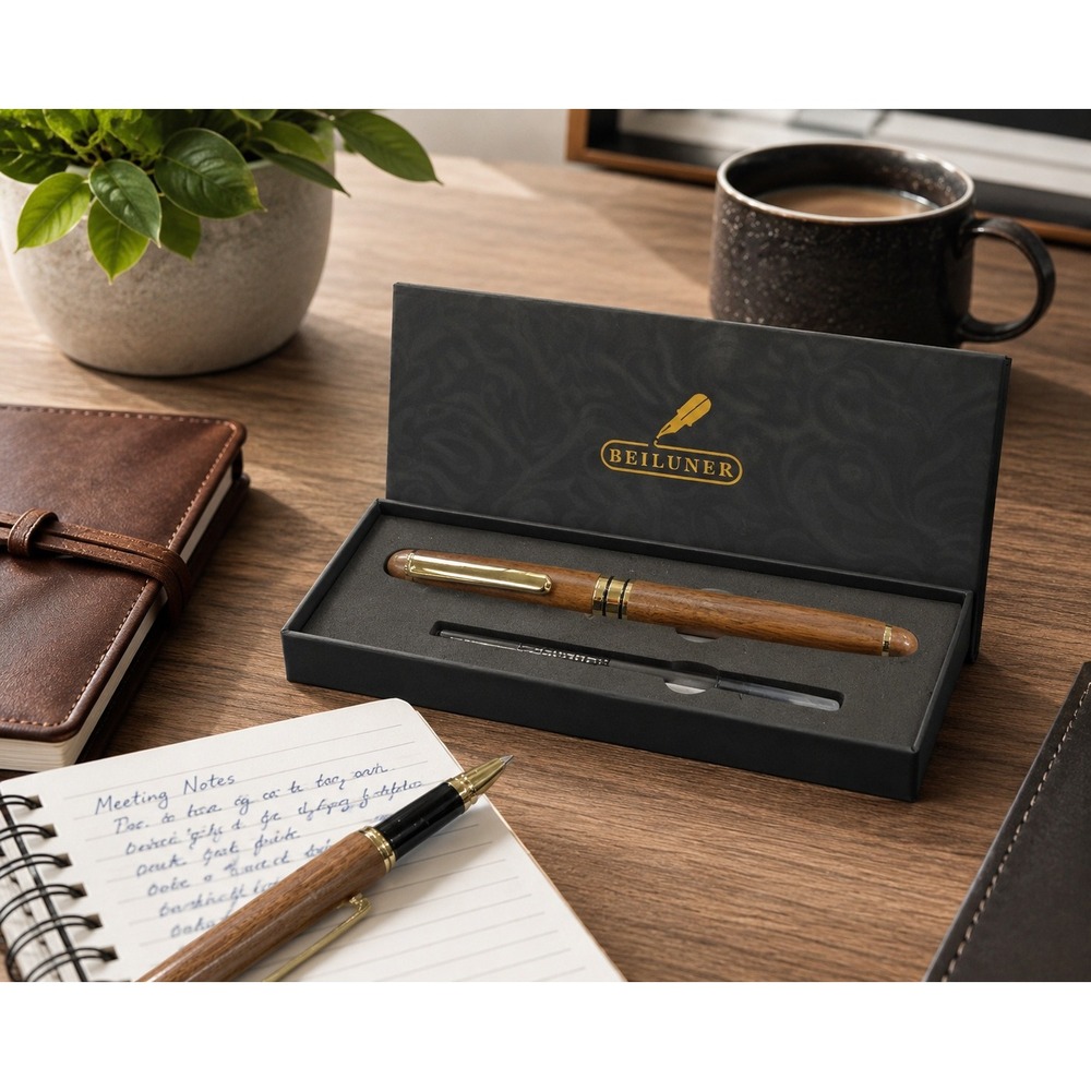Beiluner Handmade Wooden Rollerball Pen Walnut Wood Gold Trim Refillable‎ Ink